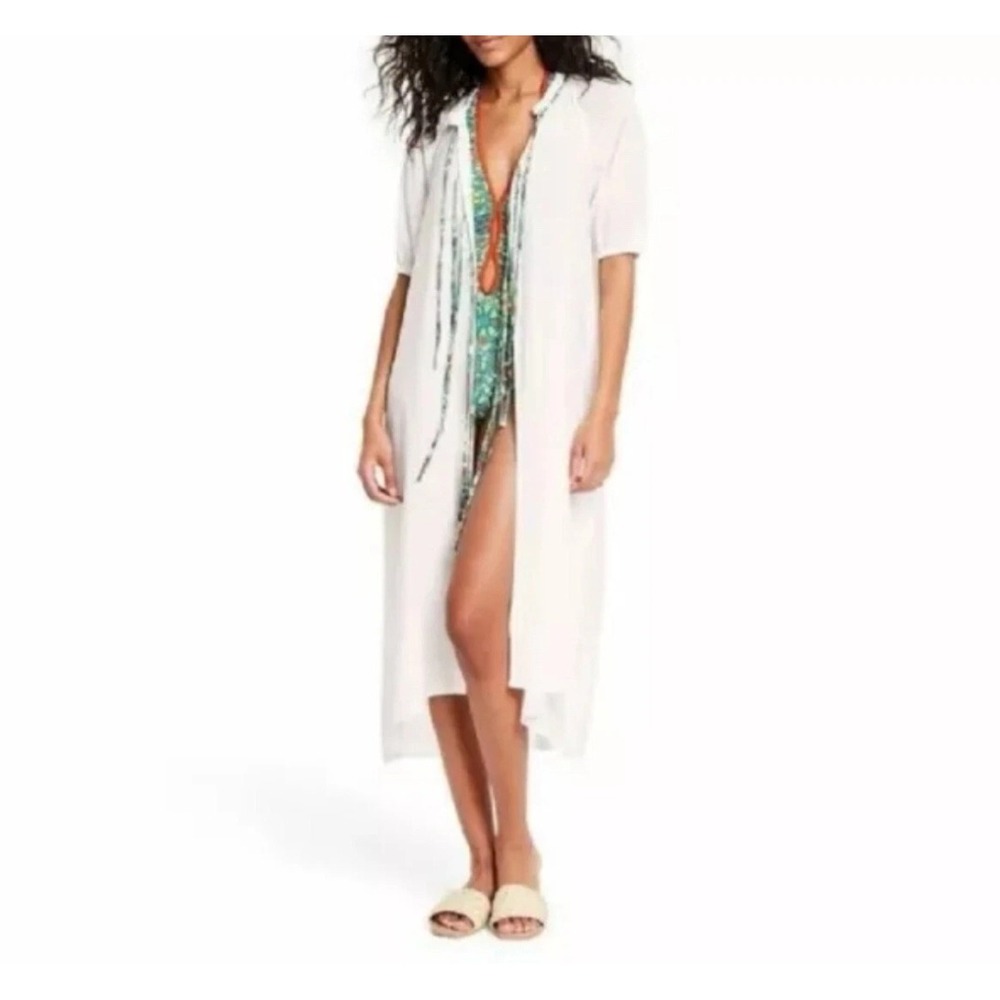 White‎ Midi Swim Cover Up with Floral Ribbon Ties and Puff Sleeves